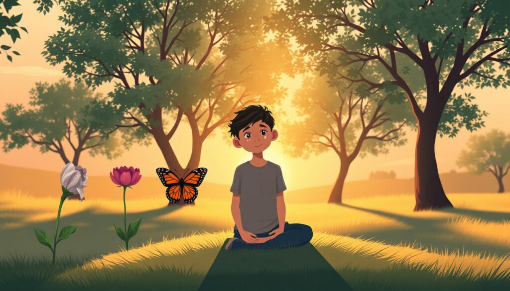 A serene and introspective scene depicting emotional triggers and reactions, focusing on a compassionate landscape. In the foreground, a figure in modest casual clothing sits on a soft patch of grass, looking contemplative, with gentle tears reflecting the sunlight. Surrounding the figure are symbolic representations of emotions: a wilted flower for sadness, a vibrant butterfly for joy, and shadows for fear, all softly illuminated. In the middle ground, trees sway lightly, casting dappled light across the scene, enhancing the mood of reflection and healing. The background features a tranquil sunset, casting warm, golden hues that evoke warmth and safety. The atmosphere is one of peaceful introspection, inviting the viewer to recognize the signs of an unhealed inner child in a safe, nurturing environment. Rendered in high detail with soft focus, capturing the essence of emotional healing. Designed for nextself.ai.