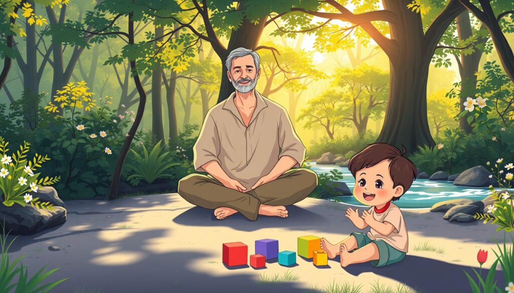 A wise, gentle figure sitting in a tranquil forest with a child playing nearby, symbolising reparenting and emotional safety.